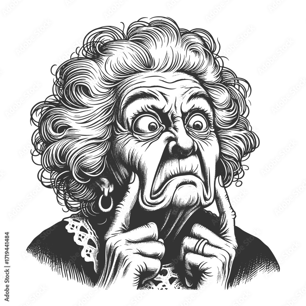 Poster elderly woman, pulling down the corners of her mouth with both index fingers, exaggeratedly grumpy e
