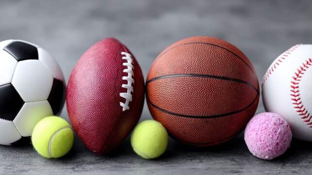 Assorted Sport Balls Including Soccer Football and Basketball with Tennis Ball on Neutral Gray Background