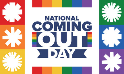 National Coming Out Day. Happy holiday. Pride month. LGBT rainbow flag. Diversity and equality. Gay and lesbian. Free love, heart shape. Illustration. Vector poster