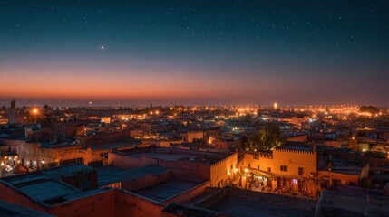 Panoramic view of Marrakech at night with a vibrant sky filled with stars and cityscape