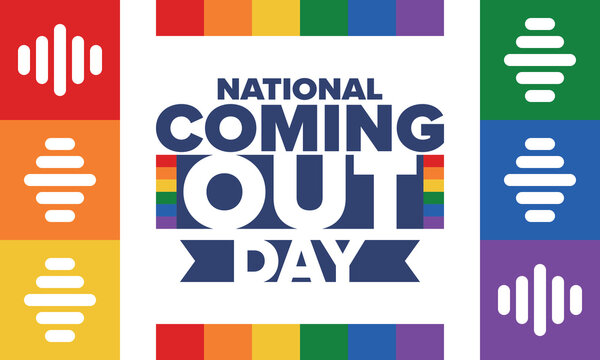 National Coming Out Day. Happy holiday. Pride month. LGBT rainbow flag. Diversity and equality. Gay and lesbian. Free love, heart shape. Illustration. Vector poster