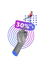 Vertical photo collage of happy american guy dance black friday discount tag offer bargain listen headphones isolated on painted background