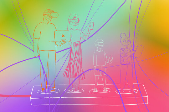 Family using digital devices connected with wires and technology