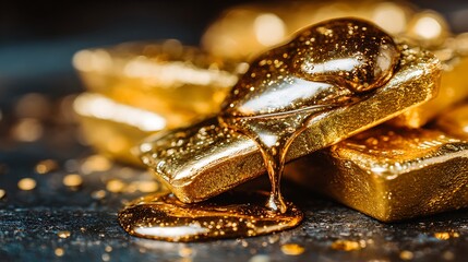 Opulent Cascade: Glistening Golden Liquid with Glitter Dripping Over Stacked Bullion Bars