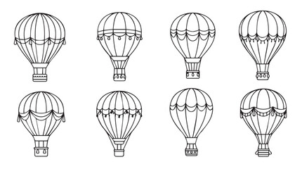 Collection of vintage hot air balloons detailed line art sketches for adventure travel silhouette © Pias