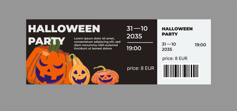 Halloween party ticket design. Spooky festive ticket design. Spooky pumpkins, skull, skeleton. Printable design