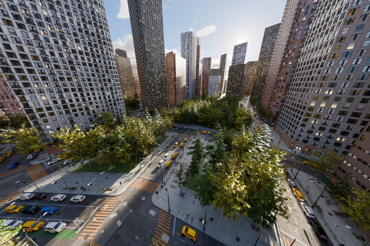 Aerial view of 3D rendered downtown cityscape with traffic and park