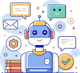 Artificial Intelligence Chatbot Collecting Customer Feedback &ndash; Flat Vector Illustration for Survey, Review, and User Experience Concept