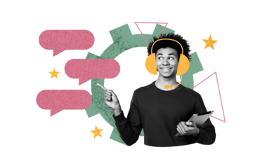 Composite photo collage of happy american guy dispatcher wear headphones star rating hold ereader sms isolated on painted background