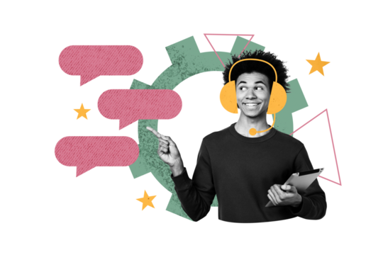 Composite photo collage of happy american guy dispatcher wear headphones star rating hold ereader sms isolated on painted background