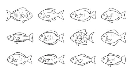 Set of twelve sketchy goldfish illustrations various poses aquatic life drawing silhouette