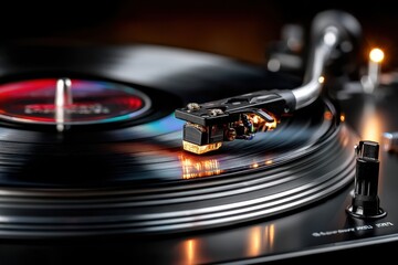 Closeup of Vinyl Record Playing on Turntable