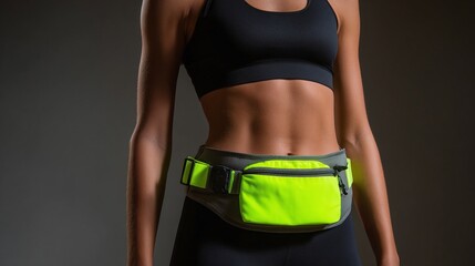 Fitness focused shot shows woman with toned abs wearing workout attire and neon beltpack, against a gray backdrop.