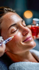 Smiling woman receiving beauty injection in cheek during cosmetic treatment session