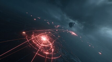 Epic space scene with swirling red energy trails and ominous asteroid presence creating a dramatic
