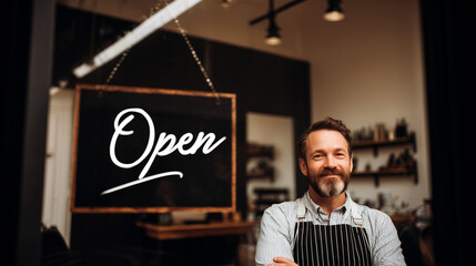 Smiling barbershop owner with beard standing beside open sign in modern salon interior. Happy mature barber entrepreneur welcoming customers to new business opening with striped apron.