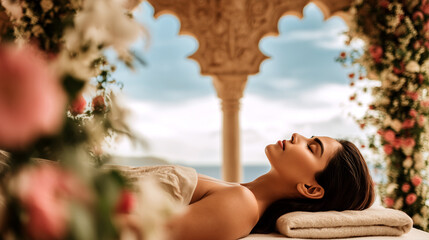 Woman relaxing at luxury spa resort with moroccan architecture and flower garden. Peaceful wellness meditation in exotic tropical setting with arches and roses.