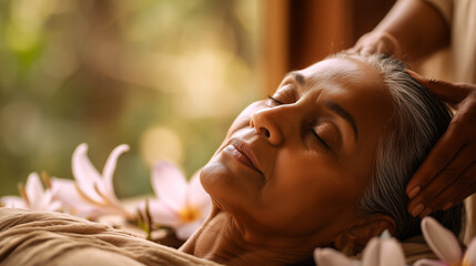 Spa head massage therapy with mature woman relaxing during wellness treatment. Gentle scalp massage for healing and rejuvenation with lotus flowers in sunlight.