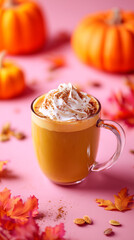 Hot pumpkin spice latte with whipped cream and cinnamon in glass mug on pink background with autumn pumpkins and leaves. Fall seasonal coffee drink for harvest.
