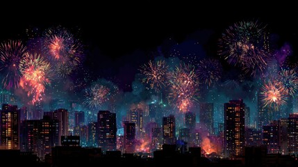 Spectacular Fireworks Display Over City Skyline at Night Celebratory Event