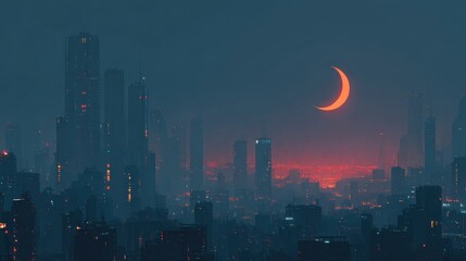 Mystical cityscape at night illuminated by the enchanting crescent moon glow