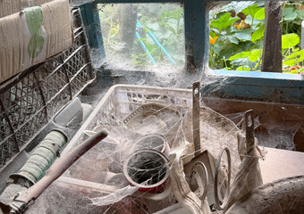 A room abandoned by man, covered with a layer of dust, cobwebs and flies