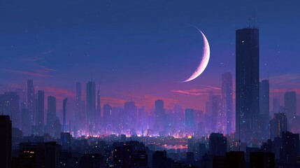 Futuristic cityscape under a crescent moon, bathed in purple and blue hues creating a serene and