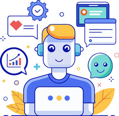Artificial Intelligence Chatbot Collecting Customer Feedback &ndash; Flat Vector Illustration for Survey, Review, and User Experience Concept