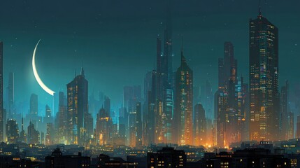 Futuristic cityscape at night with glowing crescent moon and towering buildings
