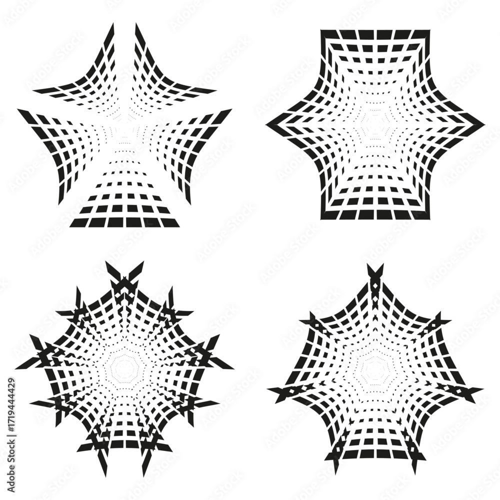 Poster starburst geometric elements. halftone dot pattern. black gray shapes. vector artistic set.