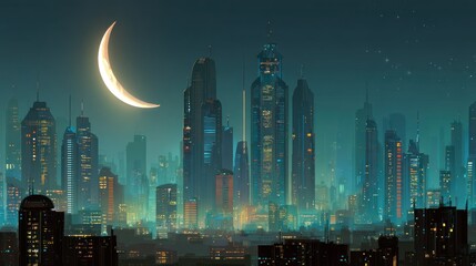 Nighttime cityscape featuring crescent moon casting glow over the futuristic skyline ambiance