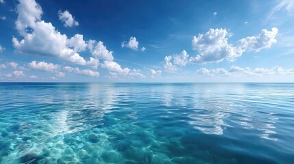 Obraz premium Azure Ocean Waters Meet Azure Sky with Puffy Clouds Natural Beauty Open Water Surface Reflecting Sunlight and Forming Gentle Ripples Abstract Nature