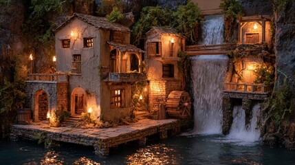 Enchanting Miniature Village with Waterfalls and Illuminating Lights Captivating Scenery