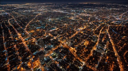 Spectacular Aerial View of a Densely Populated City Glittering with Lights at Night