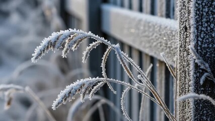 Close Up of Frost Covered Grass Against Wooden Fence in Winter Sunlight - Powered by Adobe