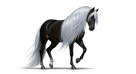 A majestic black horse with a flowing silver mane and tail, captured in a dynamic pose against a white background.