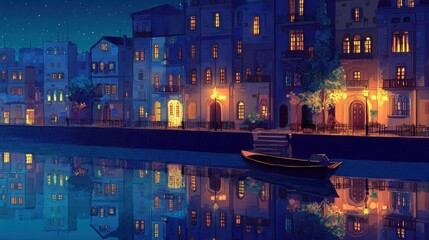 Serene canal cityscape at night reflecting light providing a picturesque scene featuring tranquil