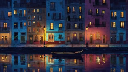 Enchanting evening cityscape illustration with reflections of colorful buildings in water