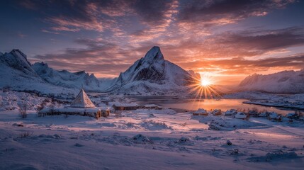 Breathtaking winter scenery in Norway with mountains, lake and sunset offering a peaceful and