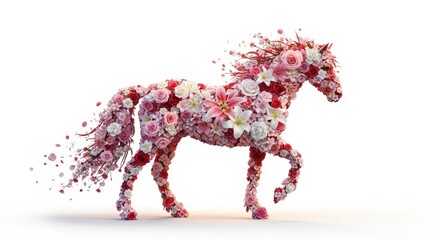 A majestic horse sculpture artfully crafted from a vibrant arrangement of pink and red flowers, with its mane and tail appearing to dissolve into a cloud of petals.