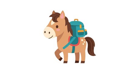 Obraz premium A cute cartoon horse with a backpack on its back, ready for an adventure.