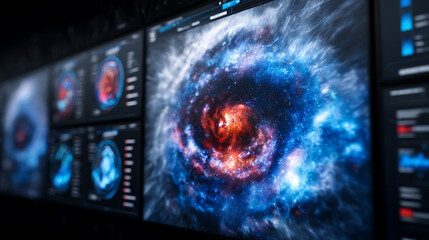 Digital display showing a detailed galaxy image with scientific data panels in a high-tech environment