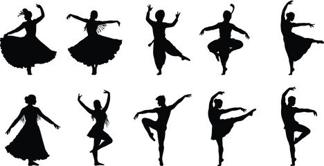Vector silhouettes of dancers performing traditional, classical, and modern dance poses with elegant body movements for artistic creative design concepts.