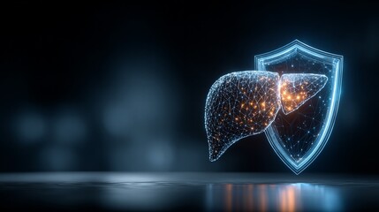 Digital visualization of a liver with a protective shield symbolizing health and wellness in medical technology