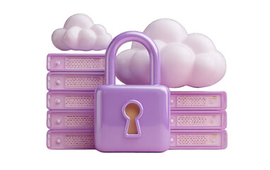 Pastel-colored servers, clouds, and a padlock, depicting secure cloud storage