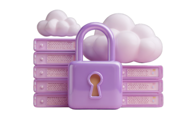 Pastel-colored servers, clouds, and a padlock, depicting secure cloud storage
