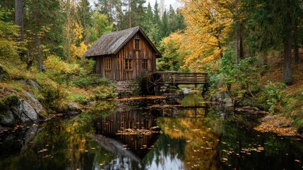 Idyllic autumn scene featuring a charming wooden watermill reflecting in a still pond
