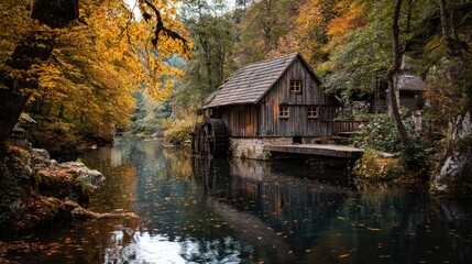 Idyllic autumn scene with a charming old wooden mill house by a tranquil river reflects autumn