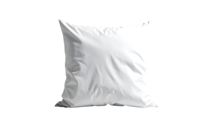 A plain, square, white pillow, seemingly filled, sits against a black background; simple, clean lines; soft, smooth texture implied