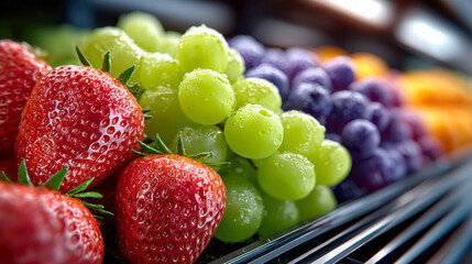 Fresh strawberries and grapes displayed on supermarket shelves